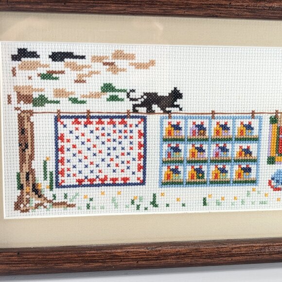 Small handmade cross-stitch picture black cat washing line, garden laundry day - Picture 3 of 8